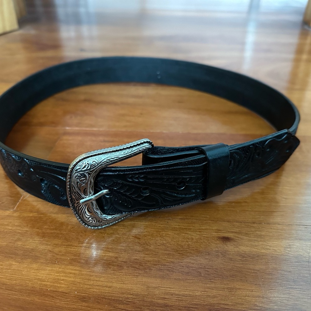 Western Black Leather Belt with Silver Buckle